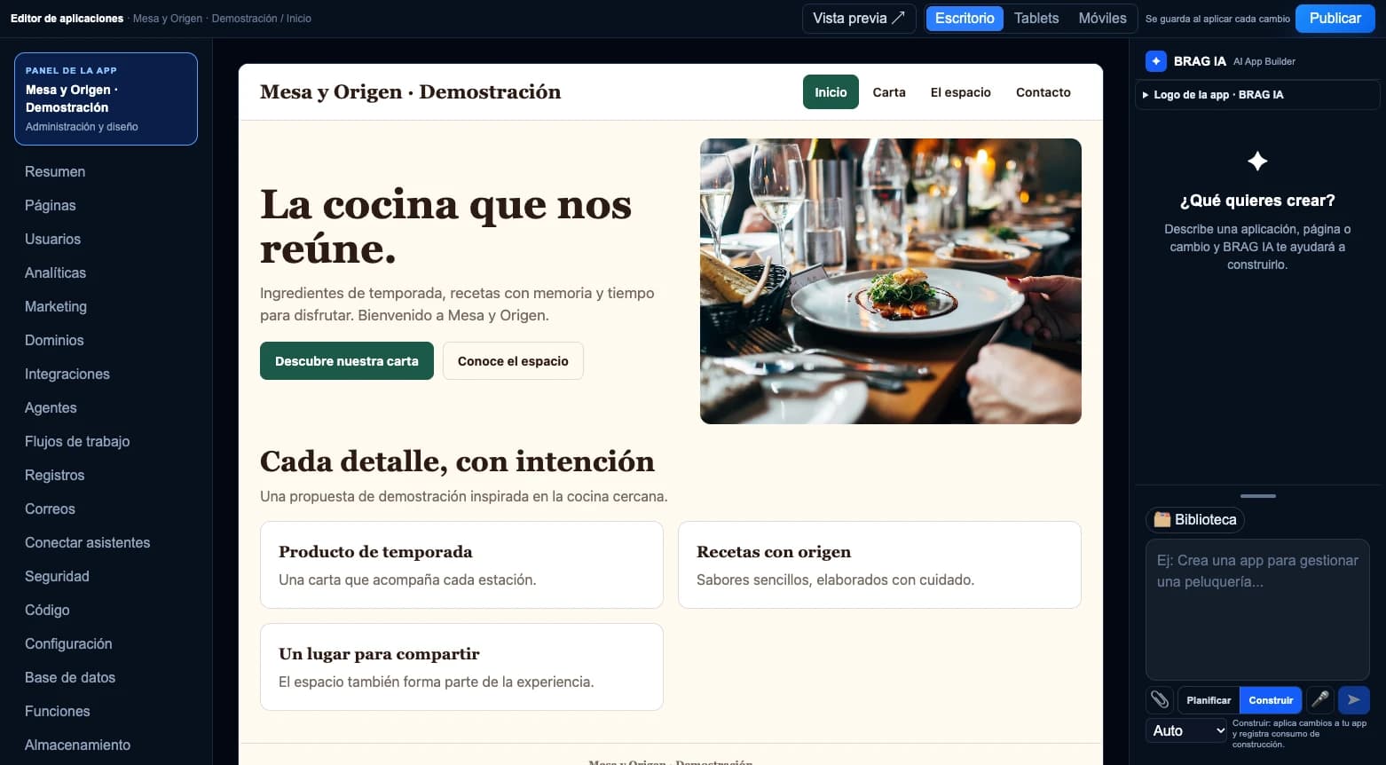 Constructor real de BRAG Builder con la web de demostración Mesa y Origen, sus páginas y el panel BRAG IA.